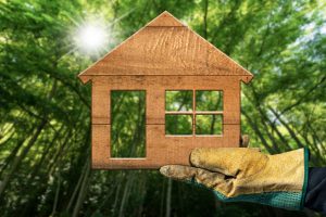 Picture of a gloved hand holding up a wooden model of a house with the sun shining behind it